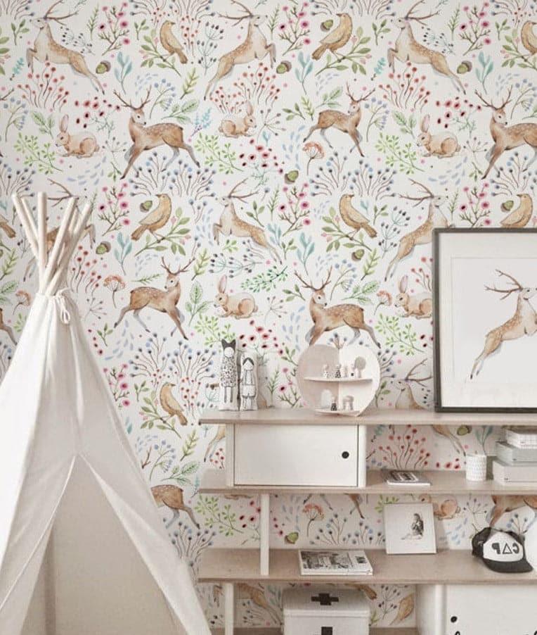 Woodland Deers in the Garden Nursery Wallpaper