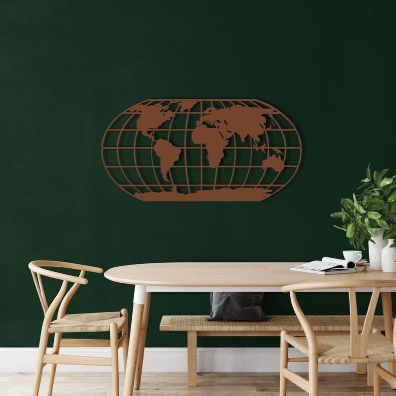 World Map Meridian Metal Wall Art Bronze