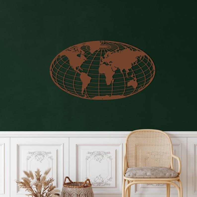 World Map Meridian Metal Wall Art