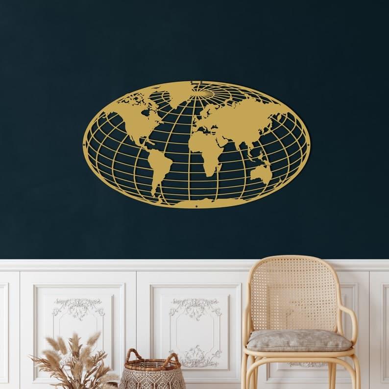 World Map Meridian Metal Wall Art