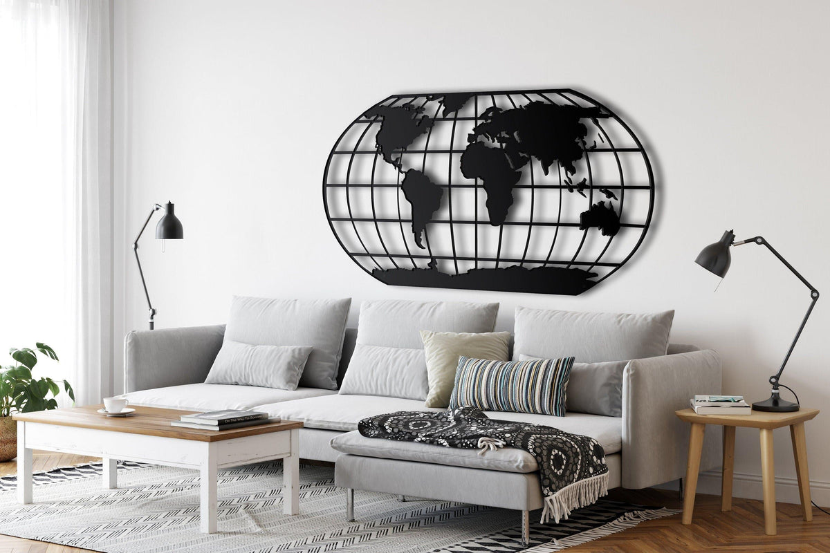 World Map Meridian Metal Wall Art