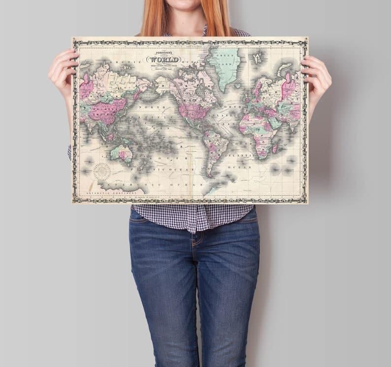 World Map Wall Print| 1862 World Map