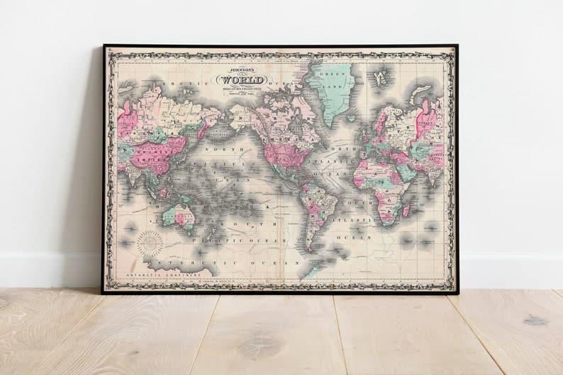 World Map Wall Print| 1862 World Map