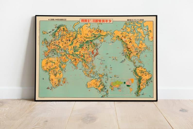 World Map Wall Print| 1933 Japanese World Map