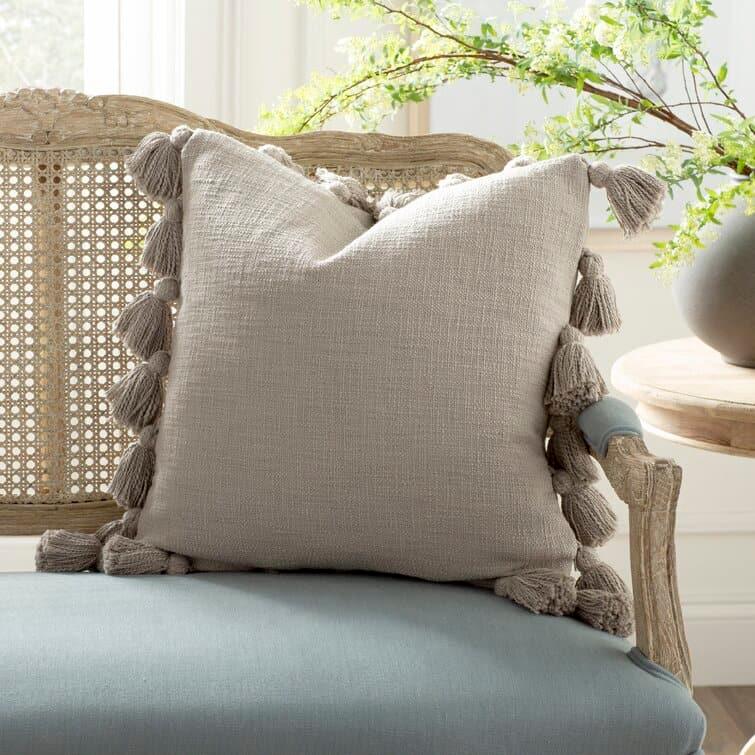 World of Tassels Square Cotton Pillow Gray