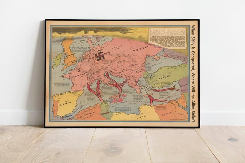 World War 2 Map Print| Sicily Map - MAIA HOMES