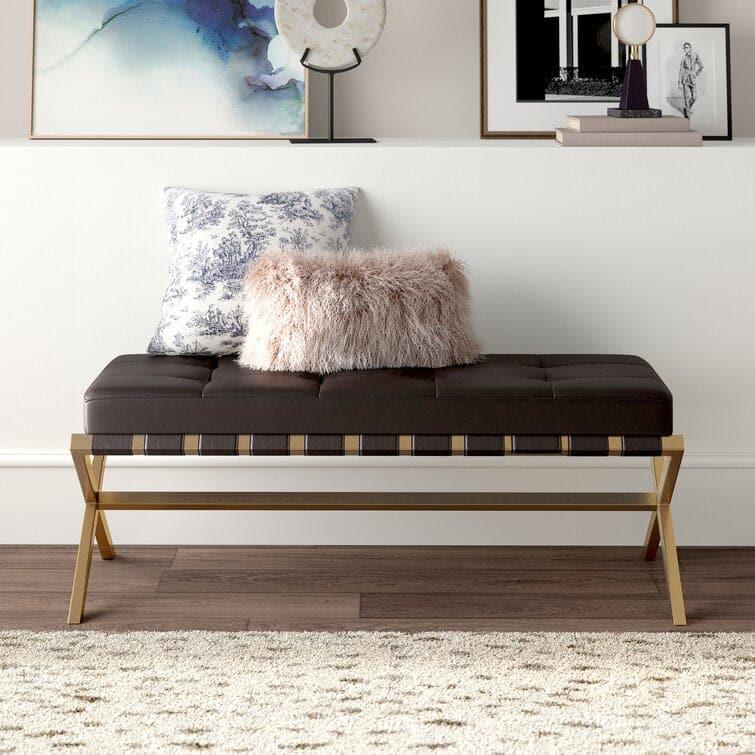 X Golden Leg Leather Tufted Bench - MAIA HOMES