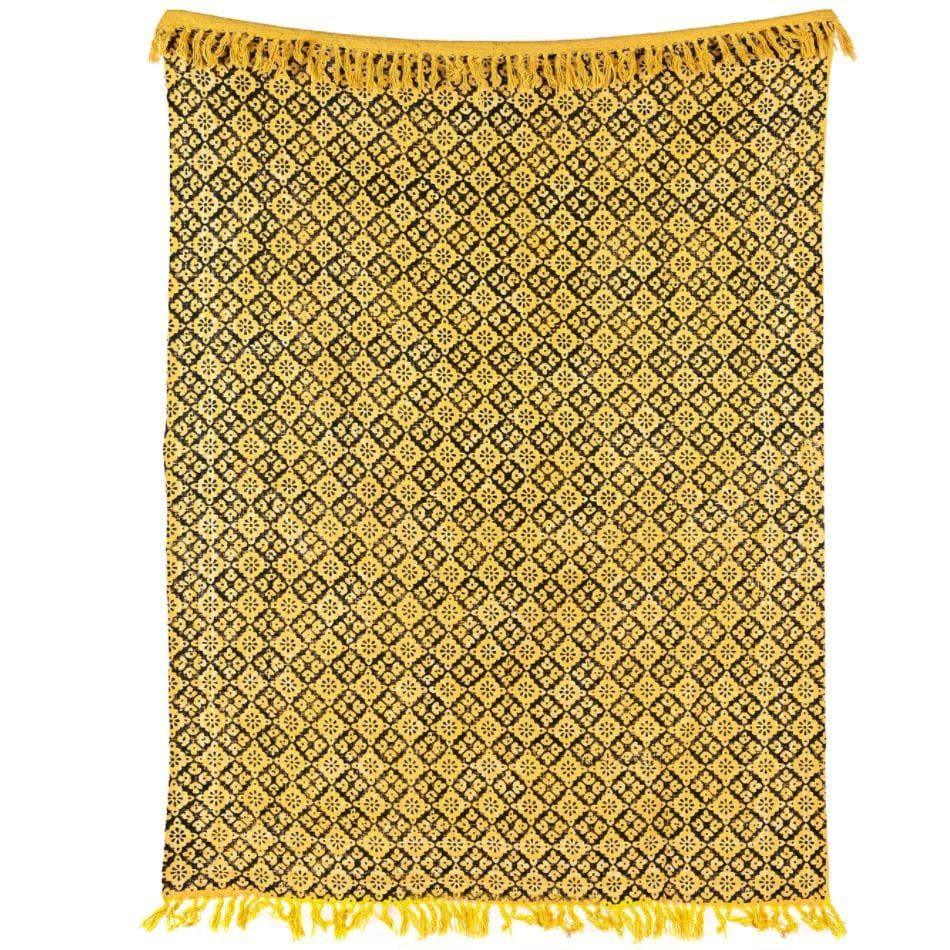 Yellow and Black Hand Block Printed Cotton Throw With Tassels