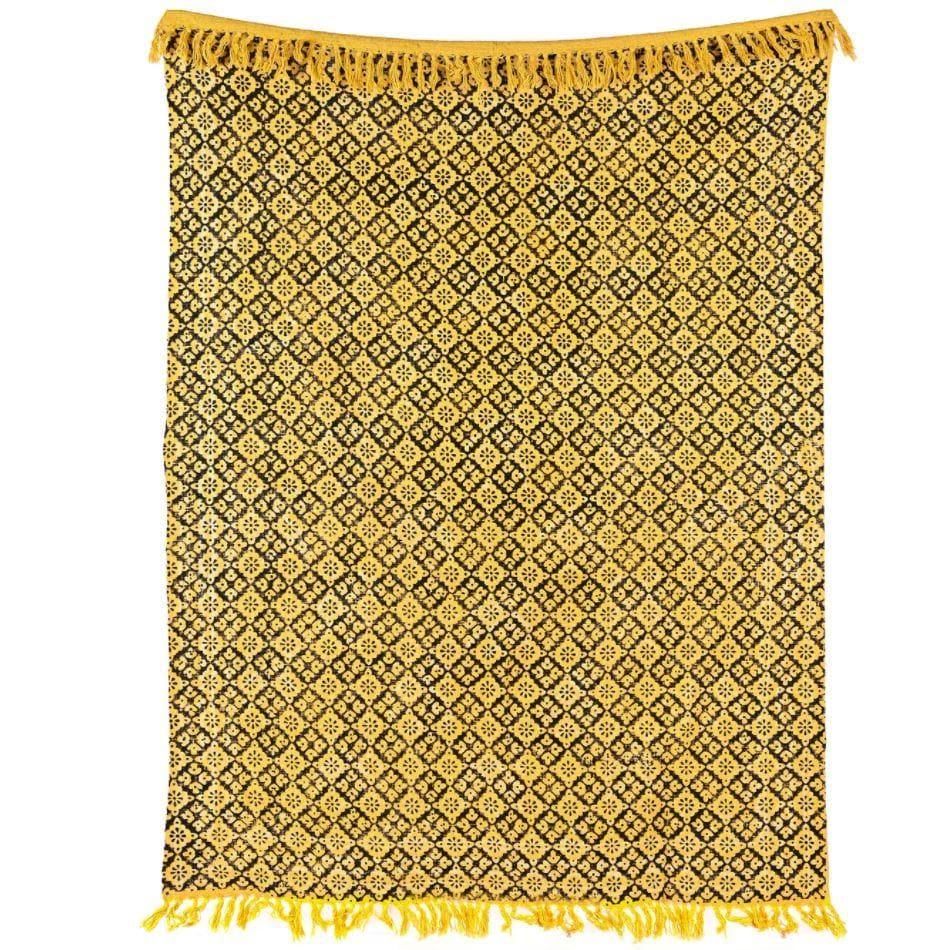 Yellow and Black Hand Block Printed Cotton Throw With Tassels - MAIA HOMES