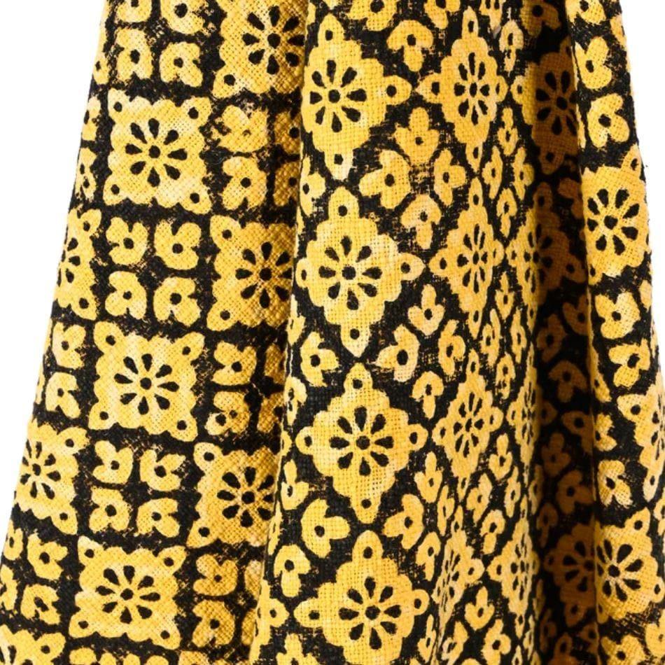 Yellow and Black Hand Block Printed Cotton Throw With Tassels