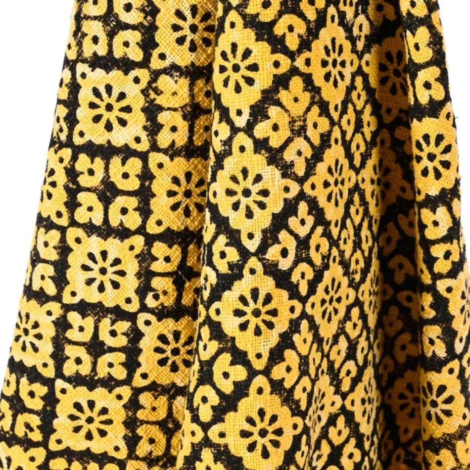 Yellow and Black Hand Block Printed Cotton Throw With Tassels - MAIA HOMES