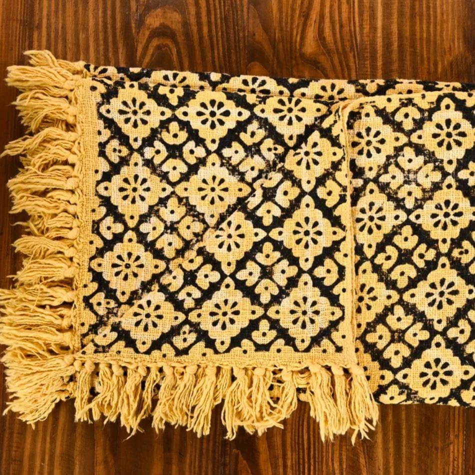 Yellow and Black Hand Block Printed Cotton Throw With Tassels