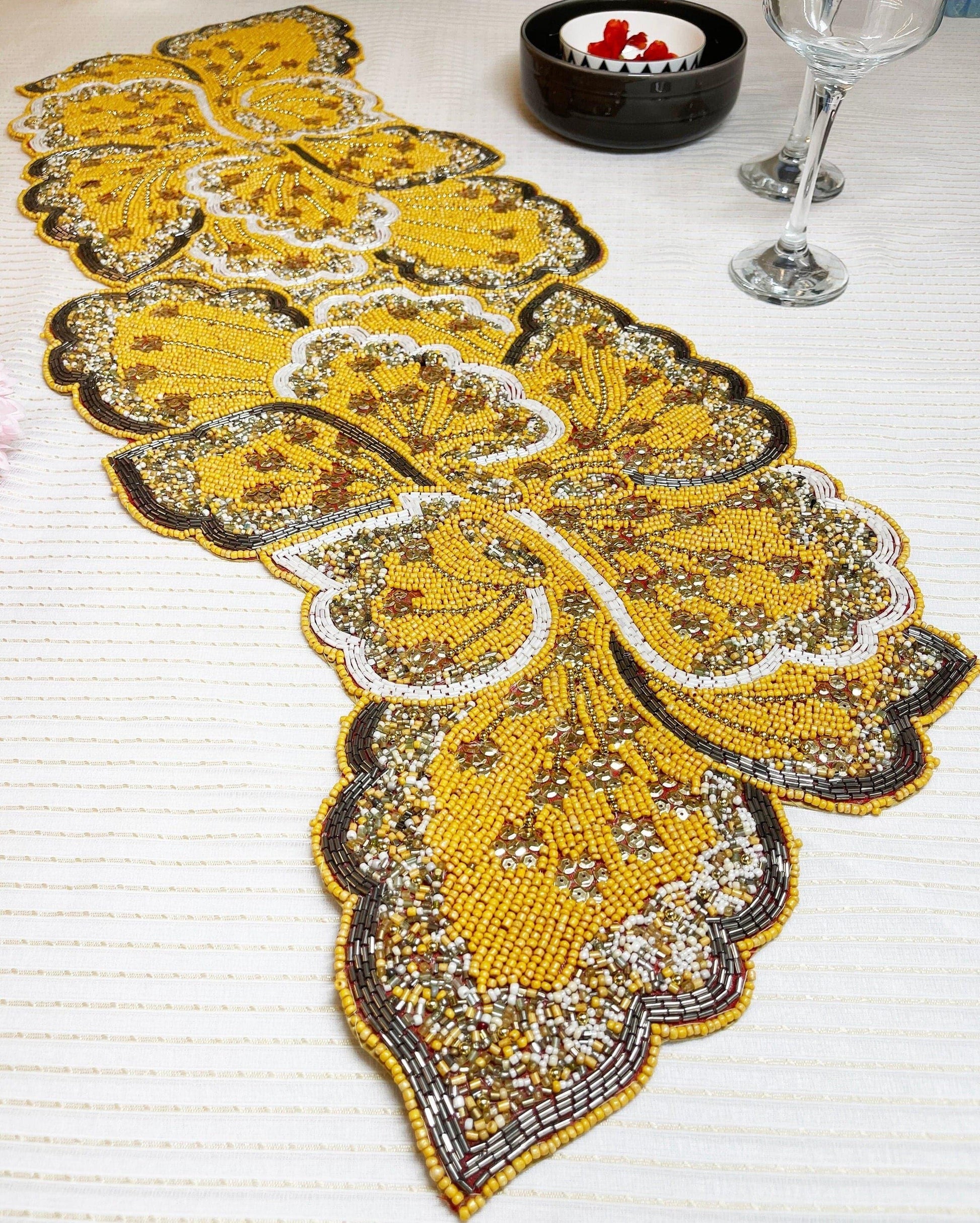 Yellow and Gold Floral Beaded Table Runner Default Title