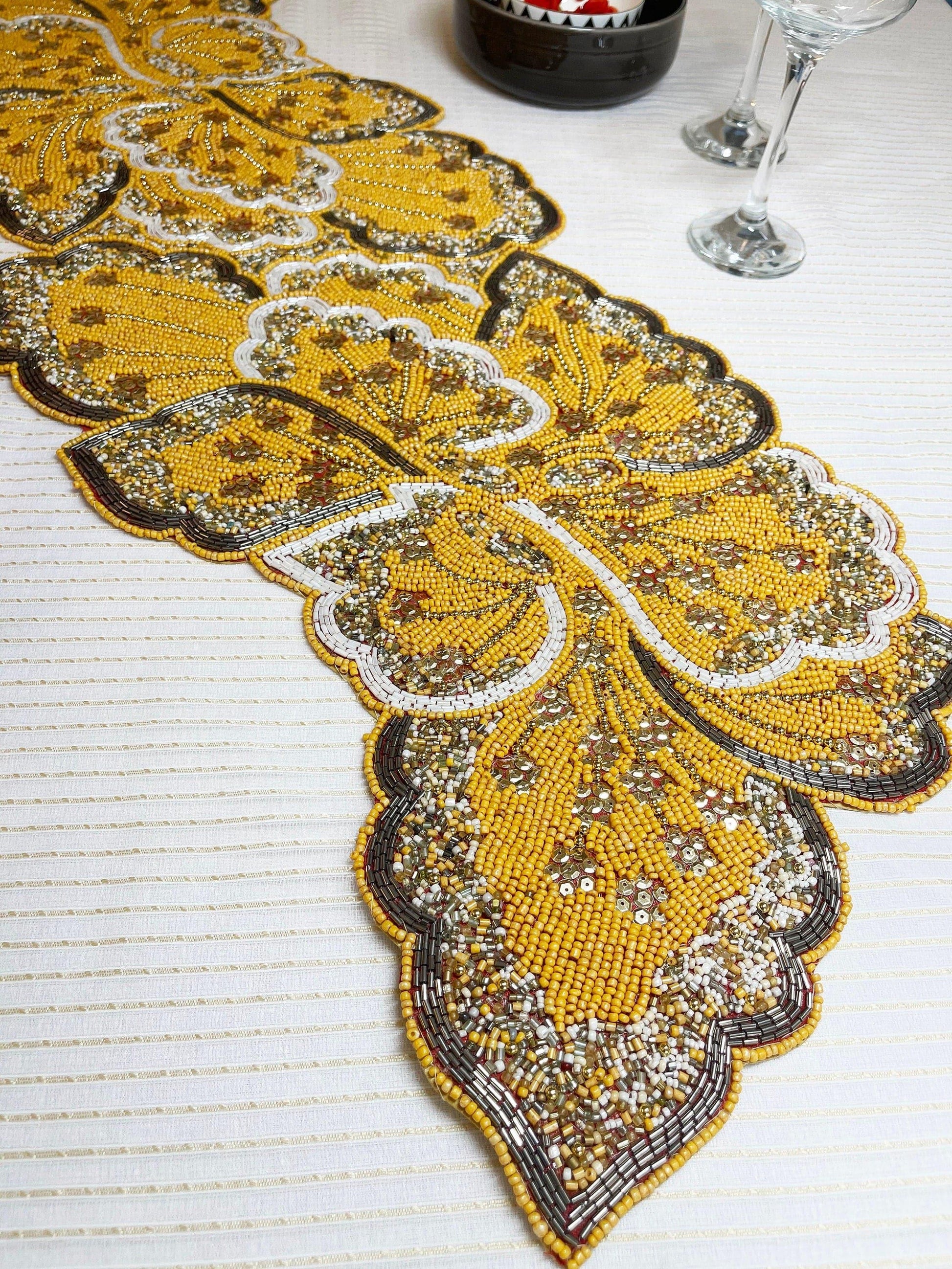 Yellow and Gold Floral Beaded Table Runner - MAIA HOMES