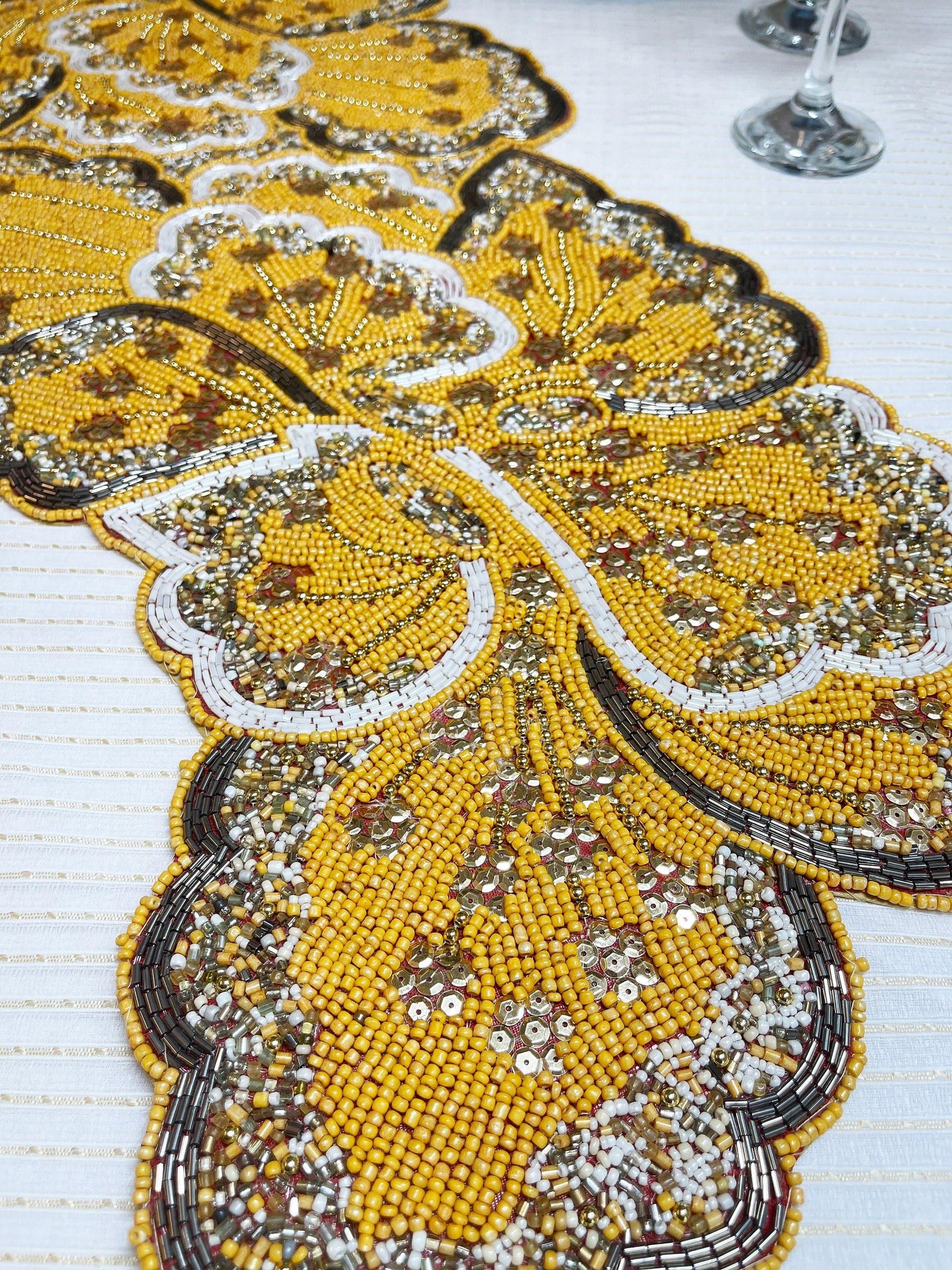 Yellow and Gold Floral Beaded Table Runner - MAIA HOMES