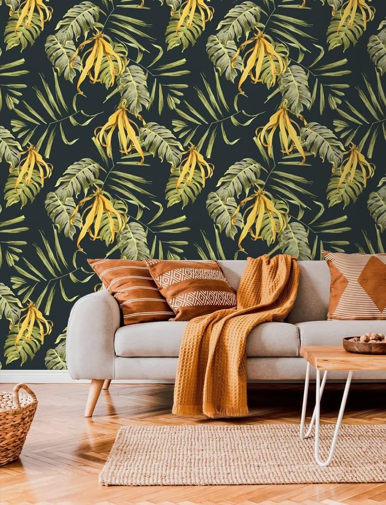 Yellow and Green Large Leaves Tropical Wallpaper