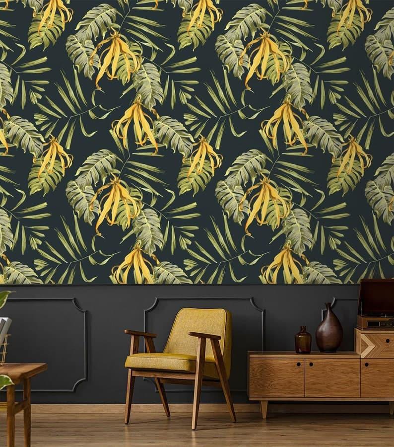 Yellow and Green Large Leaves Tropical Wallpaper - MAIA HOMES