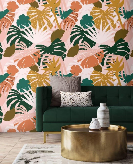 Yellow and Pink Vibrant Tropical Monstera Wallpaper - MAIA HOMES