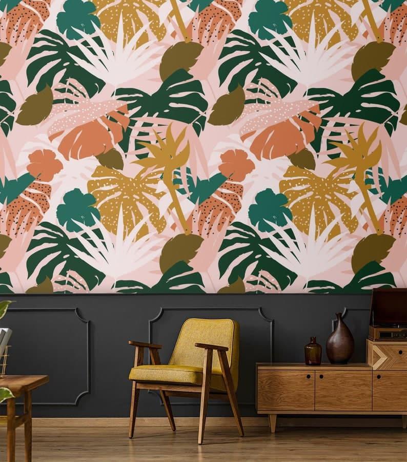 Yellow and Pink Vibrant Tropical Monstera Wallpaper