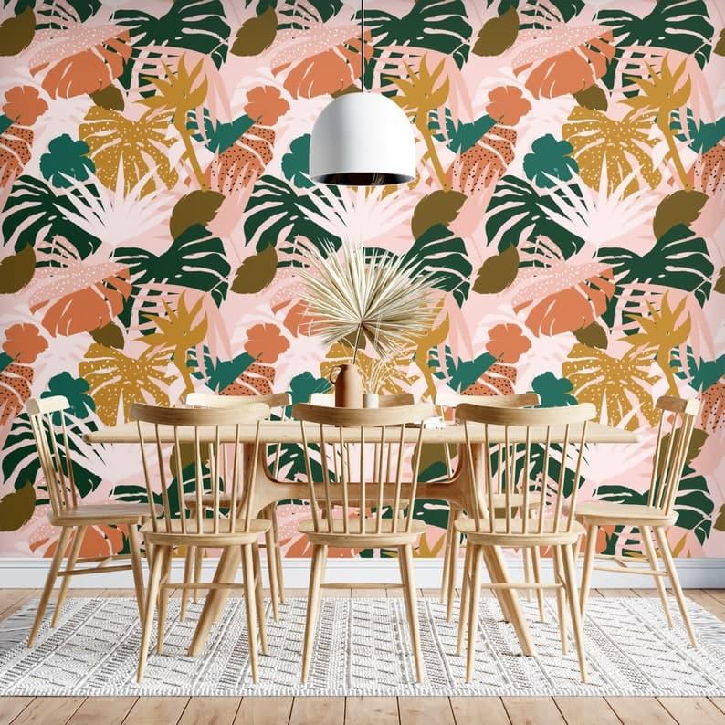 Yellow and Pink Vibrant Tropical Monstera Wallpaper