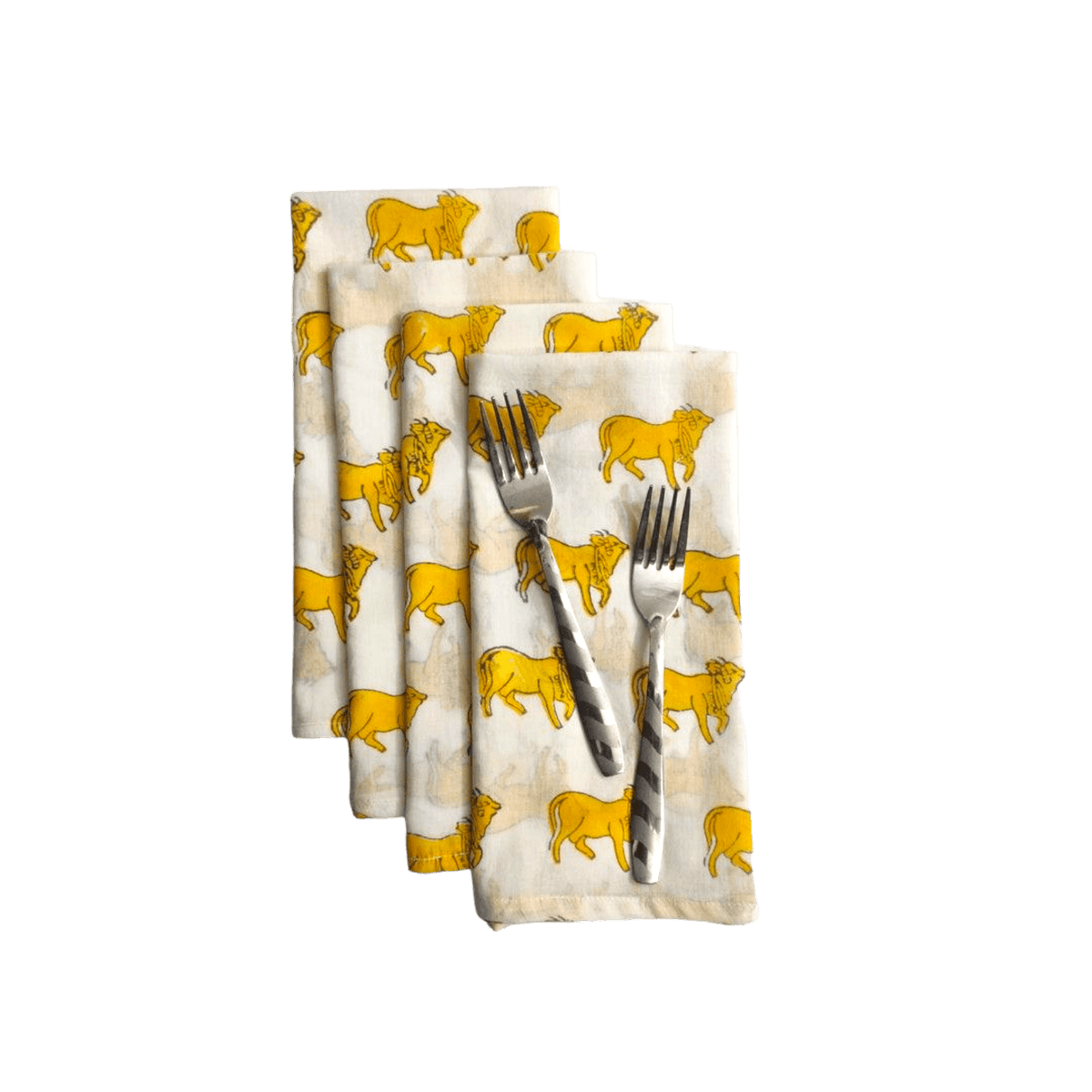 Yellow Cows Block Printed Cotton Napkins