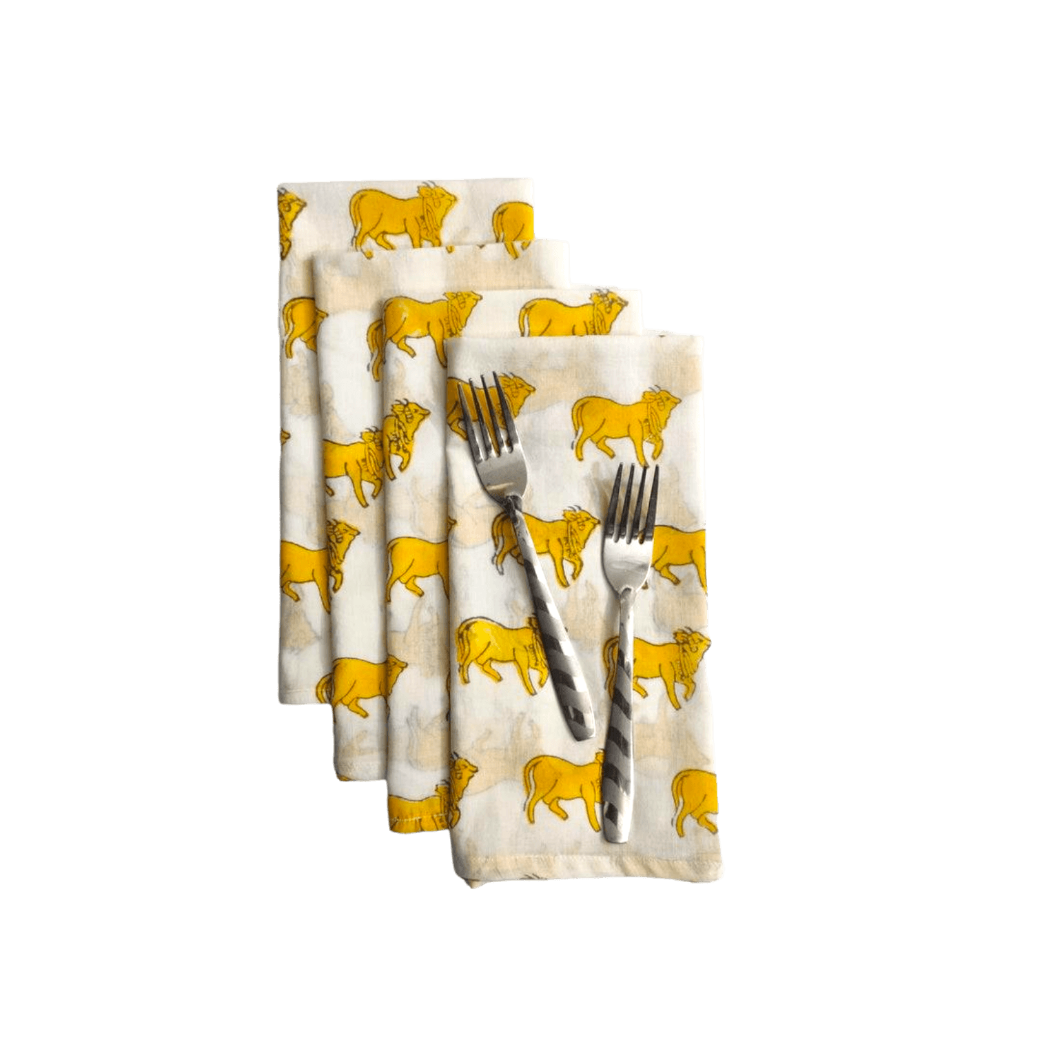 Yellow Cows Block Printed Cotton Napkins