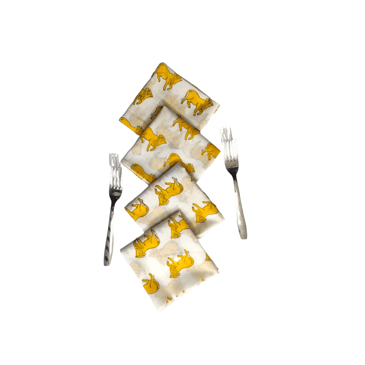 Yellow Cows Block Printed Cotton Napkins