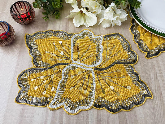 Yellow Floral Shaped Beaded Placemat