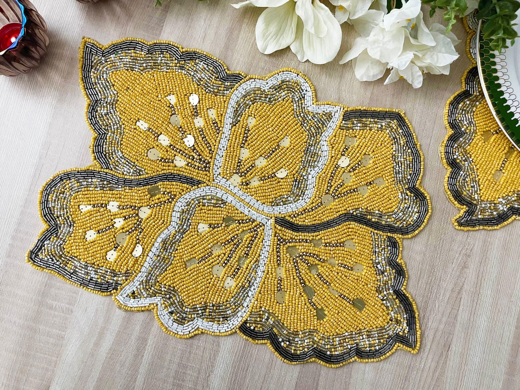 Yellow Floral Shaped Beaded Placemat