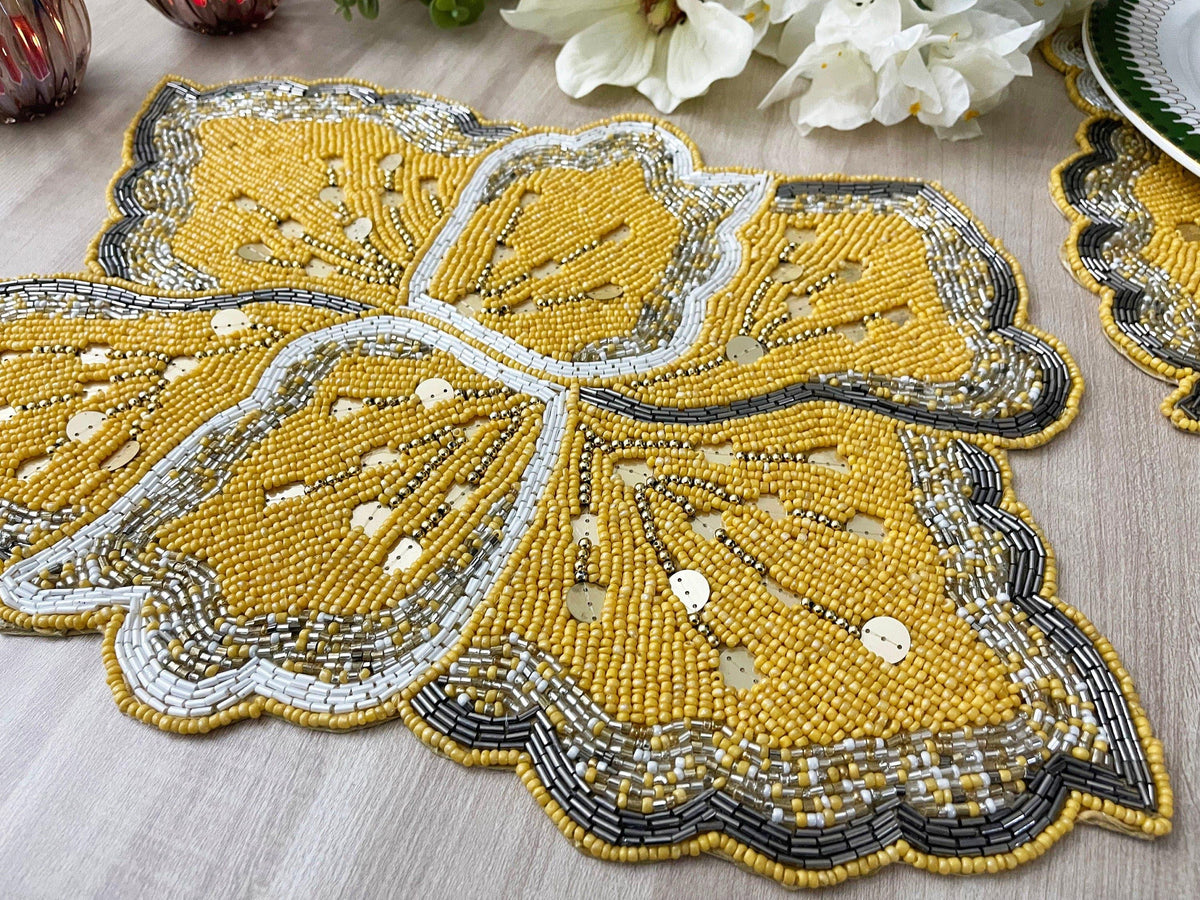 Yellow Floral Shaped Beaded Placemat