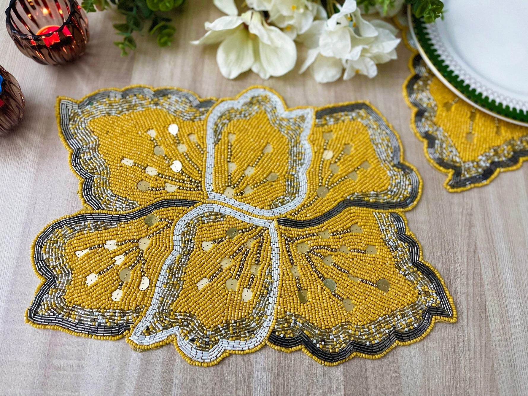 Yellow Floral Shaped Beaded Placemat