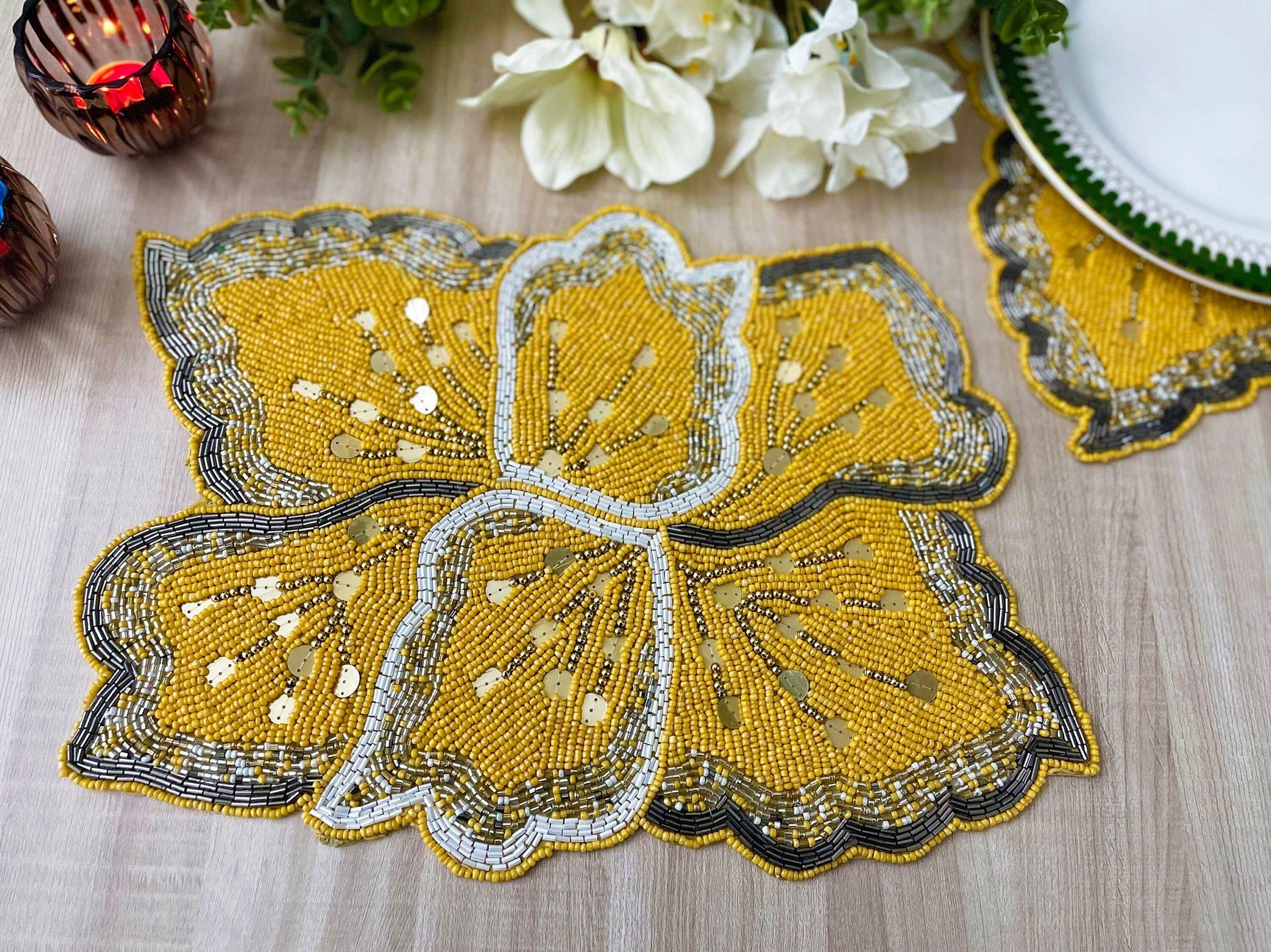 Yellow Floral Shaped Beaded Placemat - MAIA HOMES