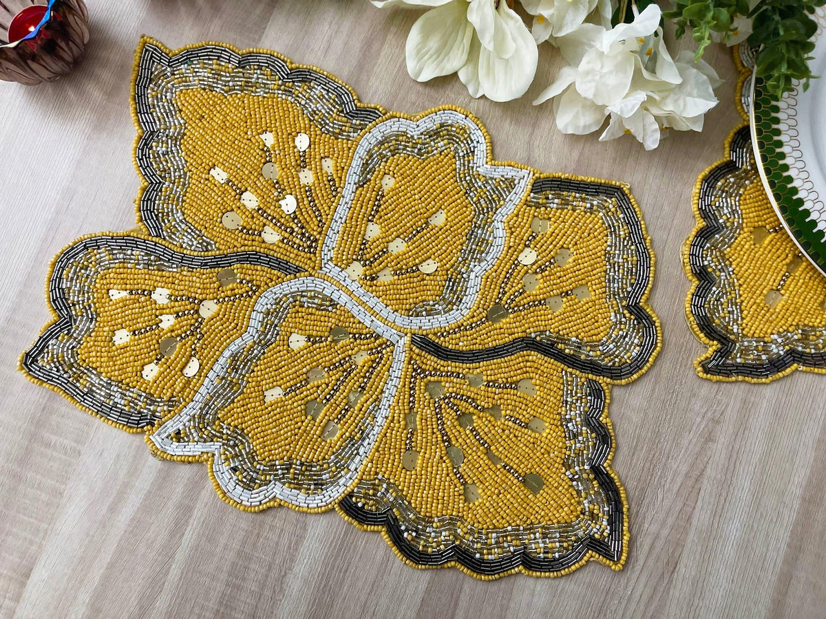 Yellow Floral Shaped Beaded Placemat