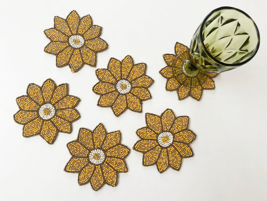 Yellow Flower Bead Coasters - Set of 6 - MAIA HOMES