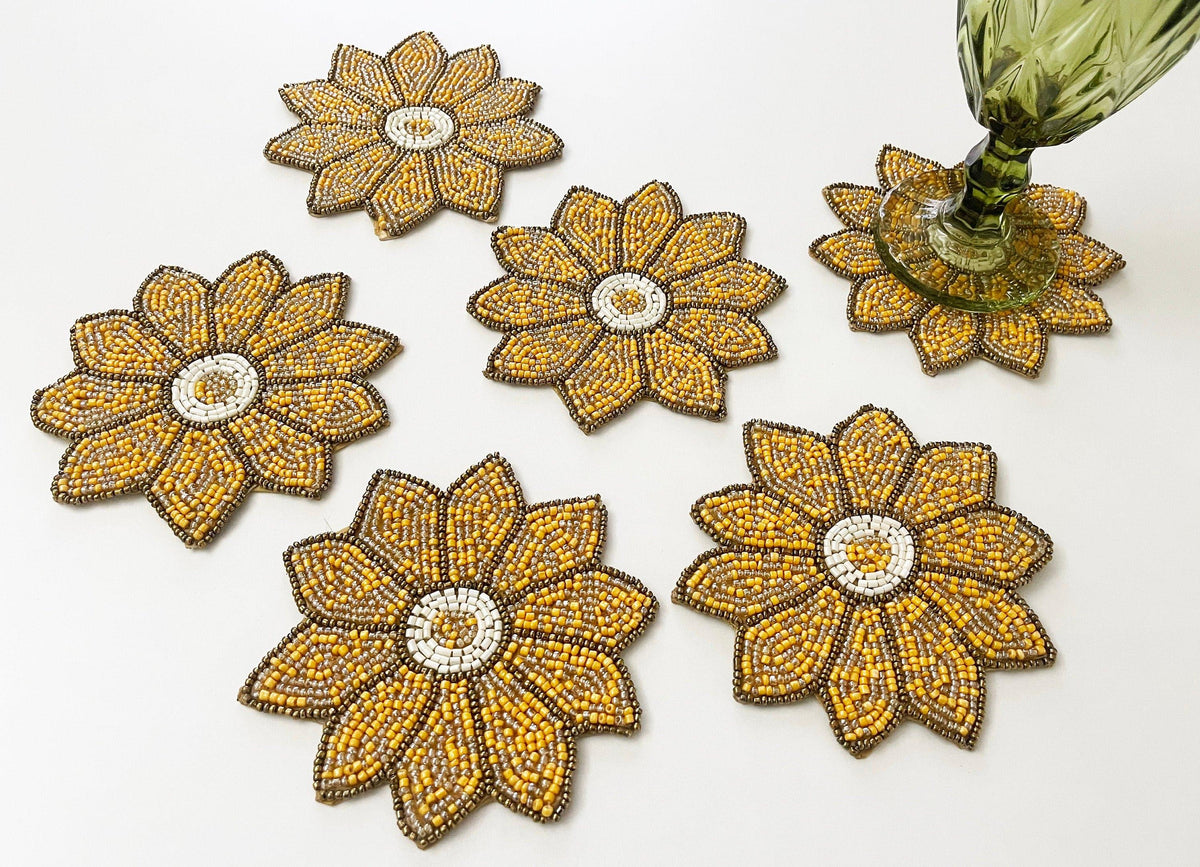 Yellow Flower Bead Coasters - Set of 6