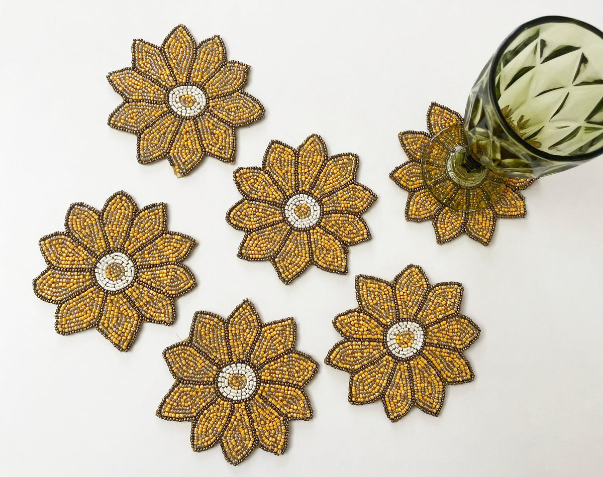 Yellow Flower Bead Coasters - Set of 6