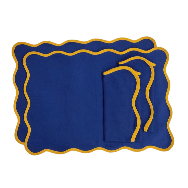 Yellow Scalloped Royal Blue Cotton Placemats Placemats -Set of 4