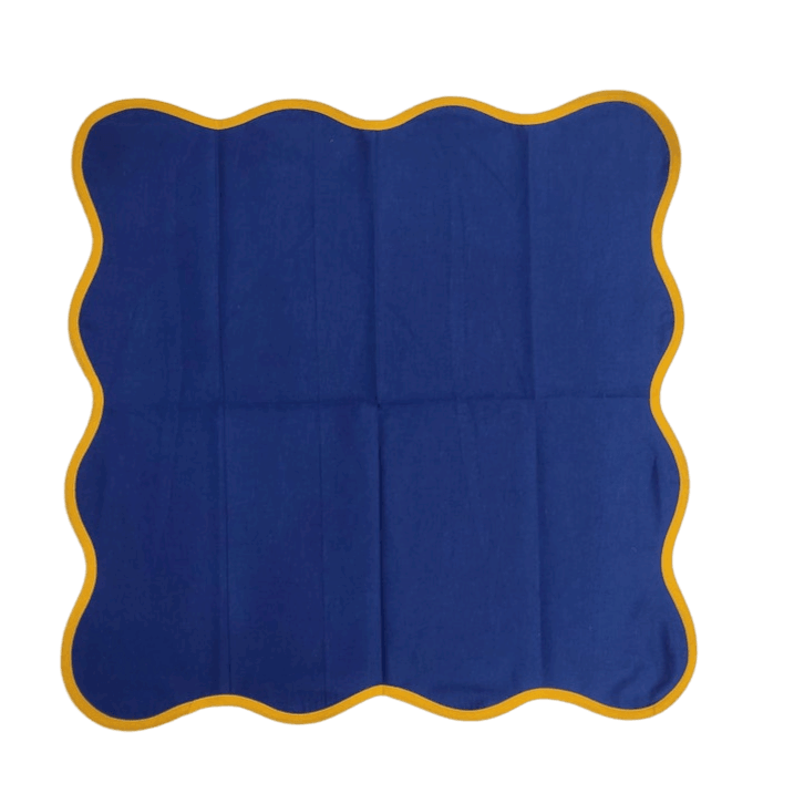 Yellow Scalloped Royal Blue Cotton Placemats Napkins- Set of 4