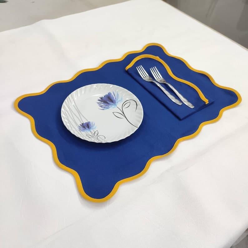 Yellow Scalloped Royal Blue Cotton Placemats