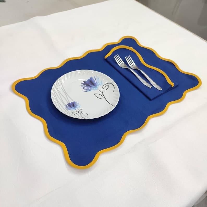 Yellow Scalloped Royal Blue Cotton Placemats - MAIA HOMES