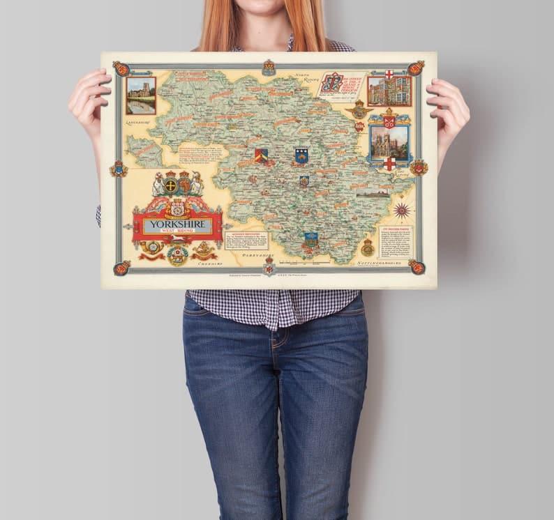 Yorkshire Map Wall Print| 1946 West Riding Map