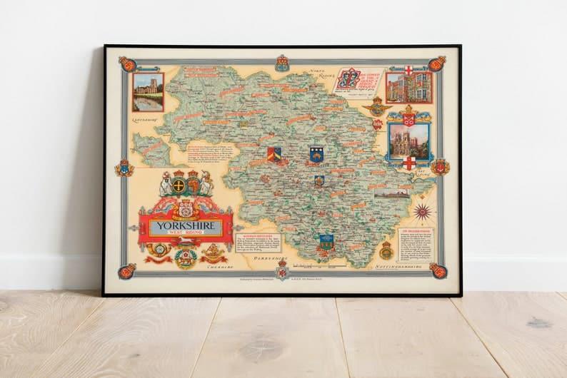 Yorkshire Map Wall Print| 1946 West Riding Map - MAIA HOMES